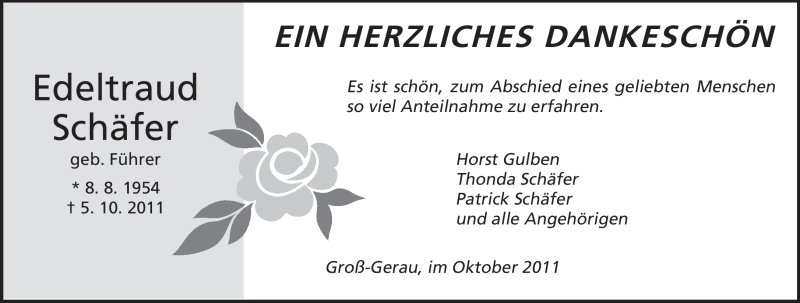  Traueranzeige für Edeltraut Schäfer vom 15.10.2011 aus Rüsselsheimer Echo, Groß-Gerauer-Echo, Ried Echo