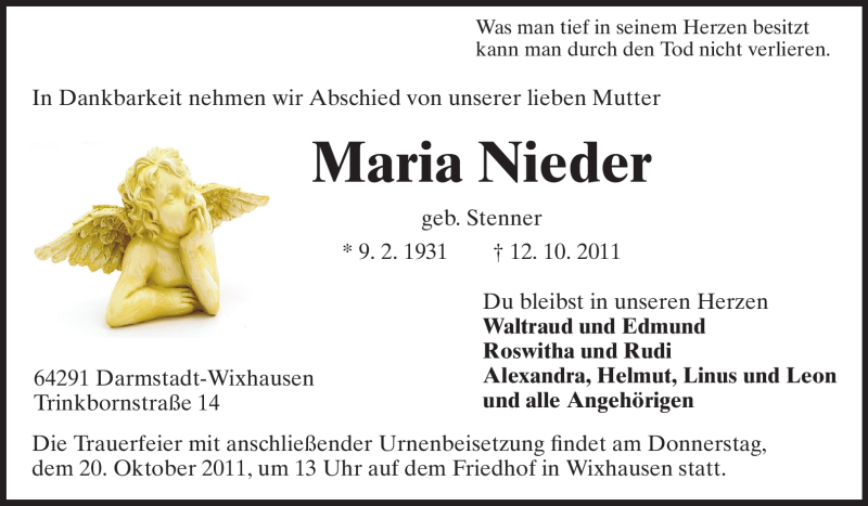  Traueranzeige für Maria Nieder vom 15.10.2011 aus Echo-Zeitungen (Gesamtausgabe)