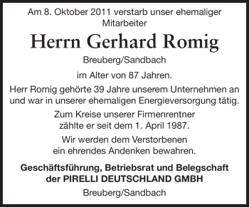Traueranzeige von Gerhard Romig von Odenwälder Echo