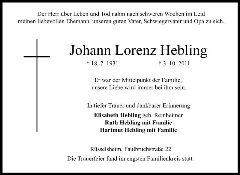  Traueranzeige für Johann Lorenz Hebling vom 15.10.2011 aus Rüsselsheimer Echo, Groß-Gerauer-Echo, Ried Echo
