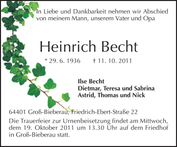Traueranzeige von Heinrich Becht von Echo-Zeitungen (Gesamtausgabe)