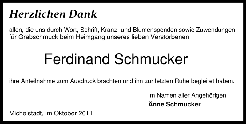  Traueranzeige für Ferdinand Schmucker vom 15.10.2011 aus Odenwälder Echo