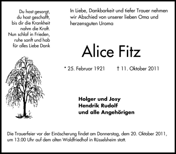 Traueranzeige von Alice Fitz von Rüsselsheimer Echo, Groß-Gerauer-Echo, Ried Echo