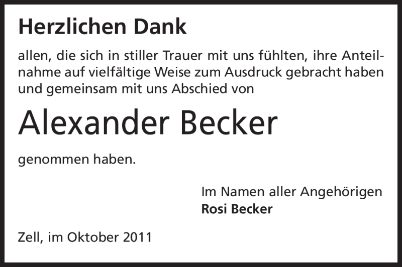  Traueranzeige für Alexander Becker vom 15.10.2011 aus Odenwälder Echo