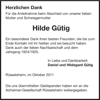 Traueranzeige von Hilde Gütig von Rüsselsheimer Echo, Groß-Gerauer-Echo, Ried Echo