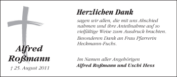 Traueranzeige von Alfred Roßmann von Darmstädter Echo, Odenwälder Echo, Rüsselsheimer Echo, Groß-Gerauer-Echo, Ried Echo