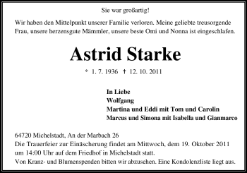 Traueranzeige von Astrid Starke von Odenwälder Echo