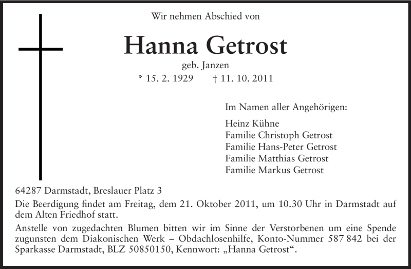  Traueranzeige für Hanna Getrost vom 15.10.2011 aus Echo-Zeitungen (Gesamtausgabe)