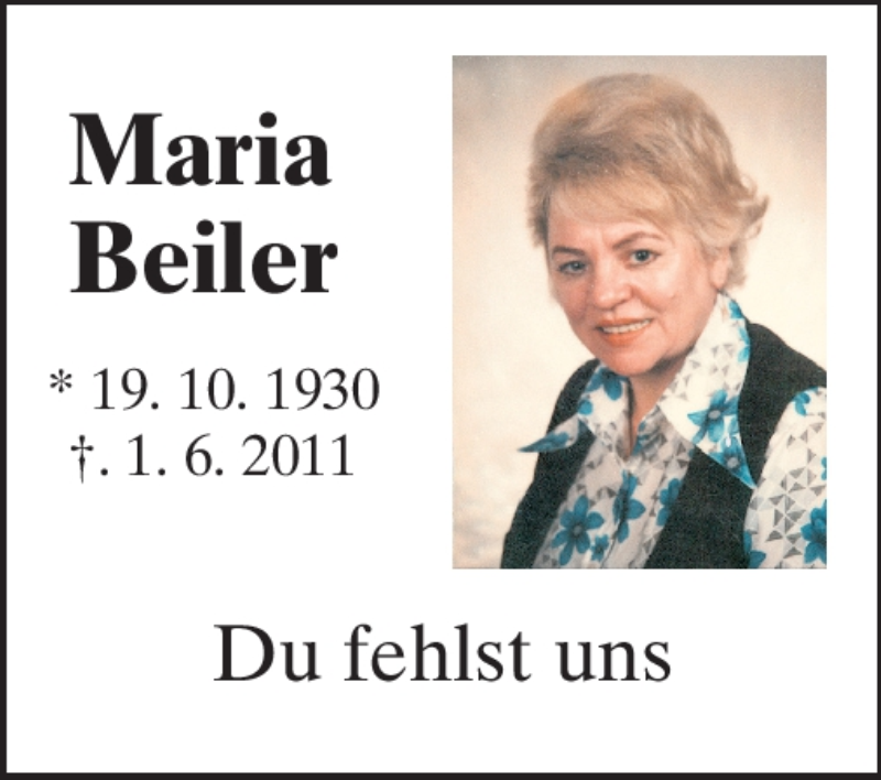  Traueranzeige für Maria Beiler vom 19.10.2011 aus Rüsselsheimer Echo, Groß-Gerauer-Echo, Ried Echo