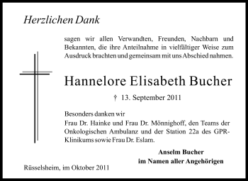 Traueranzeige von Hannelore Elisabeth Bucher von Rüsselsheimer Echo, Groß-Gerauer-Echo, Ried Echo
