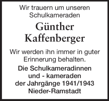 Traueranzeige von Günther Kaffenberger von Echo-Zeitungen (Gesamtausgabe)