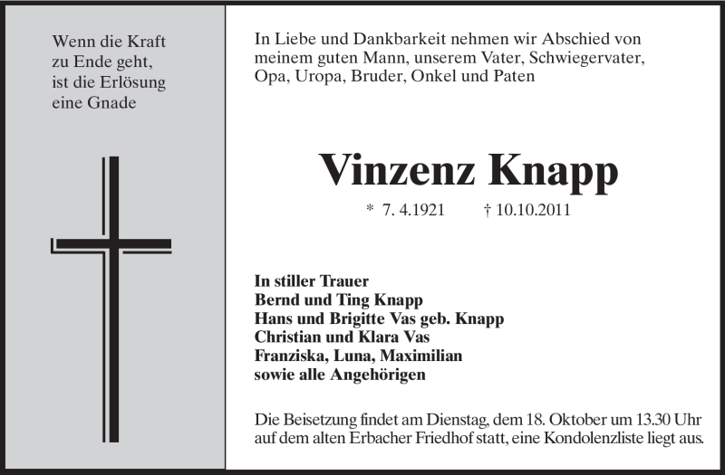  Traueranzeige für Vinzenz Knapp vom 15.10.2011 aus Odenwälder Echo