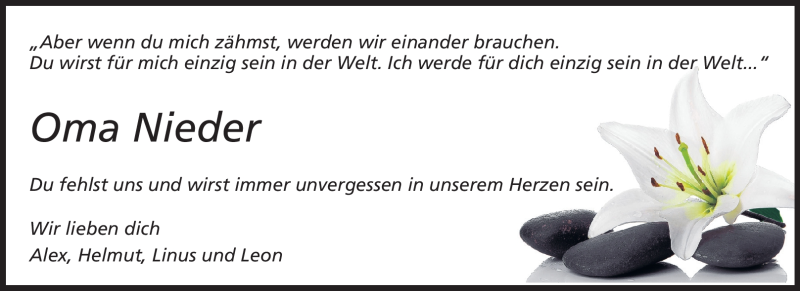  Traueranzeige für Maria Nieder vom 17.10.2011 aus Echo-Zeitungen (Gesamtausgabe)