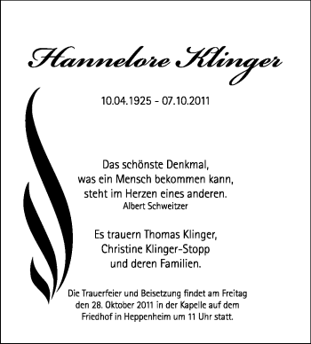 Traueranzeige von Hannelore Klinger von Starkenburger Echo, Bergsträßer Anzeiger