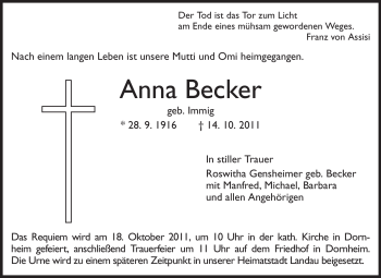 Traueranzeige von Anna Becker von Rüsselsheimer Echo, Groß-Gerauer-Echo, Ried Echo