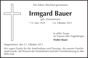 Traueranzeige von Irmgard Bauer von Starkenburger Echo
