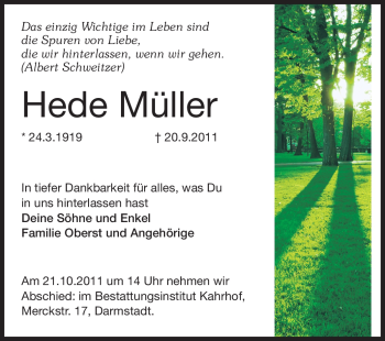 Traueranzeige von Hede Müller von Echo-Zeitungen (Gesamtausgabe)