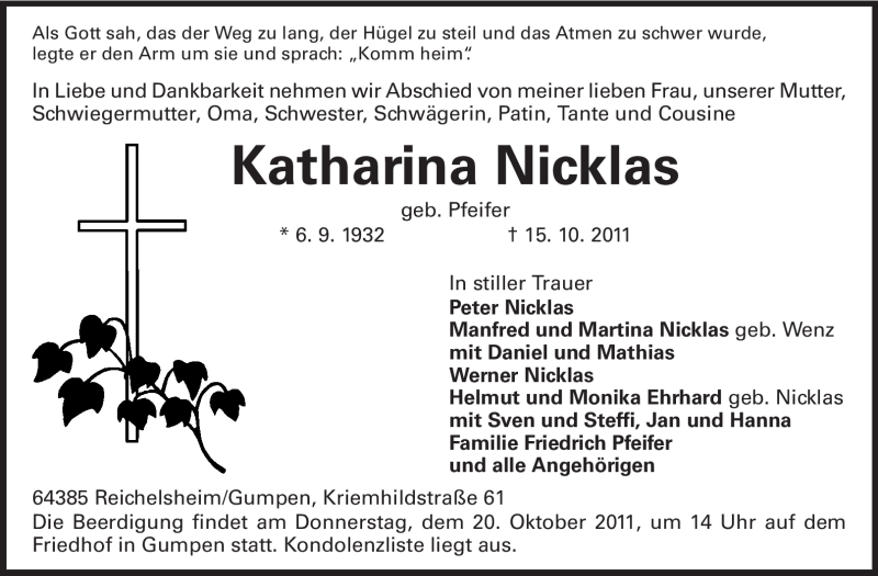  Traueranzeige für Katharina Nicklas vom 18.10.2011 aus Odenwälder Echo