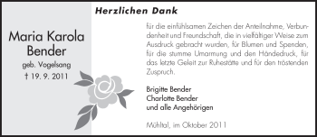 Traueranzeige von Maria Karola Bender von Echo-Zeitungen (Gesamtausgabe)