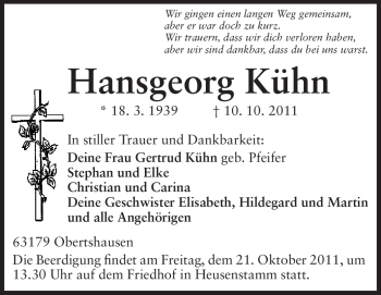 Traueranzeige von Hansgeorg Kühn von Echo-Zeitungen (Gesamtausgabe)