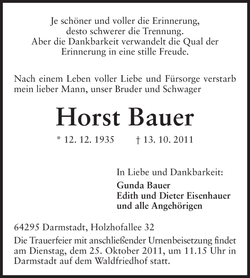  Traueranzeige für Horst Bauer vom 22.10.2011 aus Darmstädter Echo, Odenwälder Echo, Rüsselsheimer Echo, Groß-Gerauer-Echo, Ried Echo
