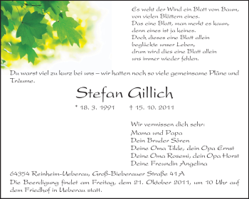 Traueranzeige von Stefan Gillich von Darmstädter Echo, Odenwälder Echo, Rüsselsheimer Echo, Groß-Gerauer-Echo, Ried Echo