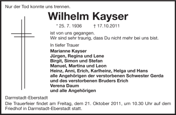 Traueranzeige von Wilhelm Kayser von Echo-Zeitungen (Gesamtausgabe)