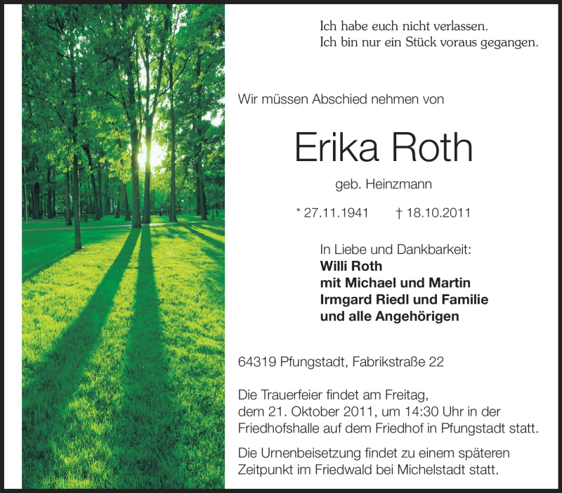  Traueranzeige für Erika Roth vom 19.10.2011 aus Echo-Zeitungen (Gesamtausgabe)