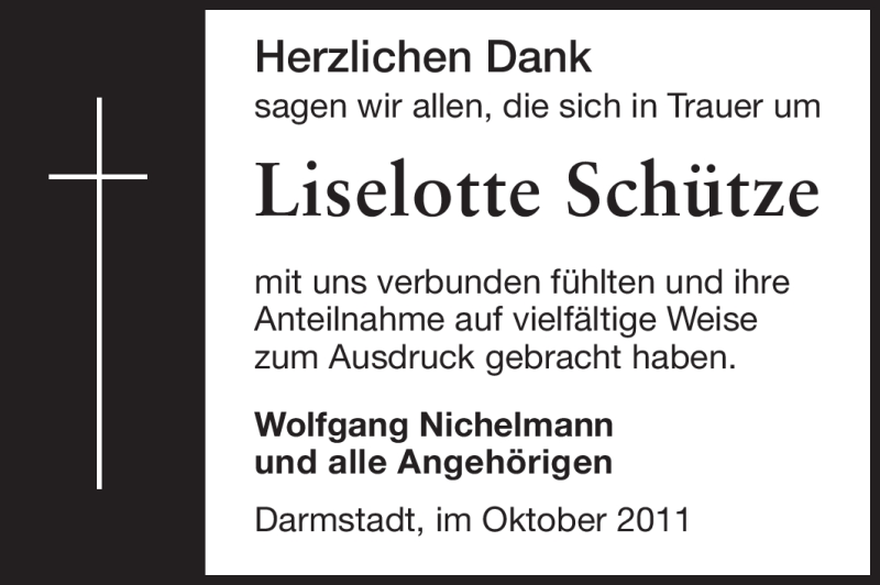  Traueranzeige für Liselotte Schütze vom 22.10.2011 aus Echo-Zeitungen (Gesamtausgabe)