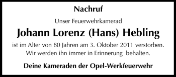 Traueranzeige von Johann Lorenz Hebling von Rüsselsheimer Echo, Groß-Gerauer-Echo, Ried Echo