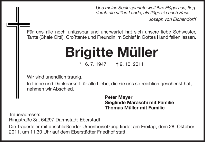  Traueranzeige für Brigitte Müller vom 22.10.2011 aus Echo-Zeitungen (Gesamtausgabe)