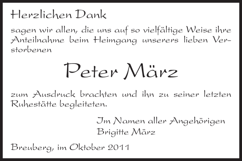  Traueranzeige für Peter März vom 20.10.2011 aus Odenwälder Echo