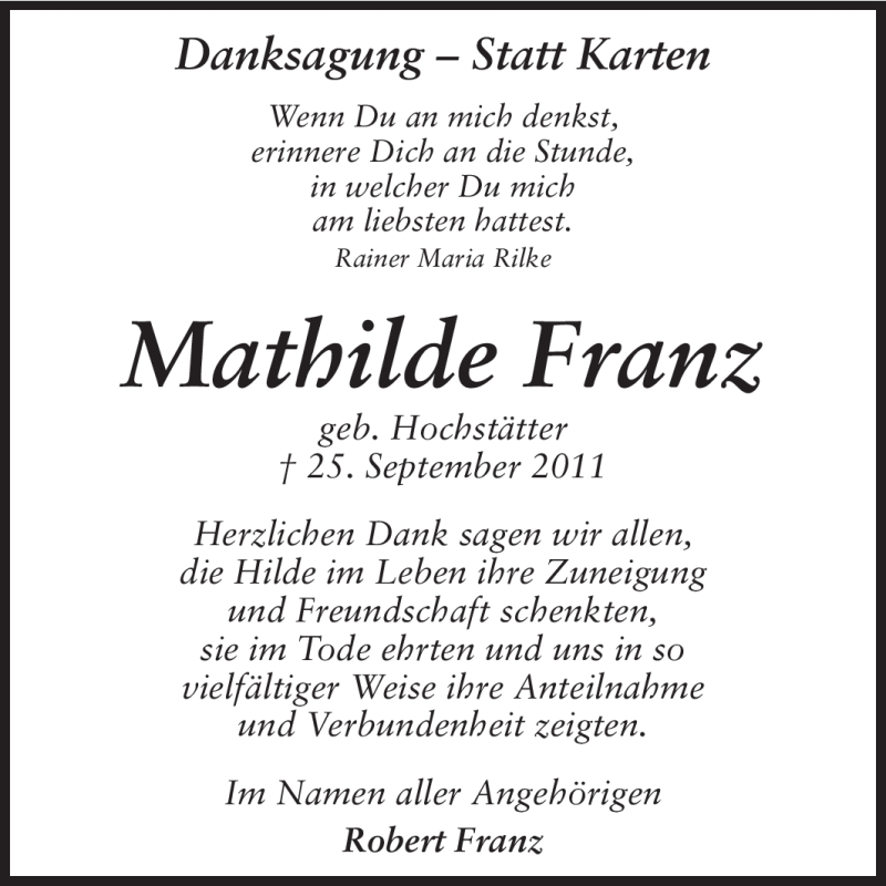  Traueranzeige für Mathilde Franz vom 22.10.2011 aus Darmstädter Echo, Odenwälder Echo, Rüsselsheimer Echo, Groß-Gerauer-Echo, Ried Echo