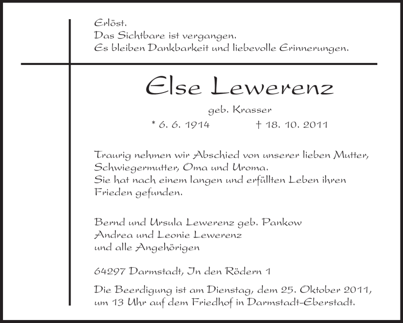  Traueranzeige für Else Lewerenz vom 21.10.2011 aus Darmstädter Echo, Odenwälder Echo, Rüsselsheimer Echo, Groß-Gerauer-Echo, Ried Echo