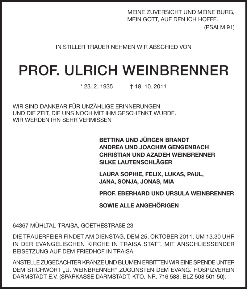  Traueranzeige für Ulrich Weinbrenner vom 22.10.2011 aus Echo-Zeitungen (Gesamtausgabe)