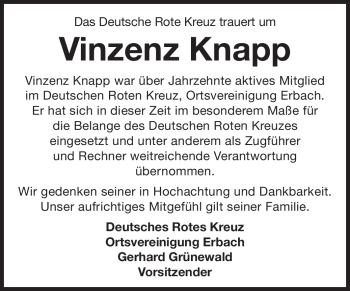 Traueranzeige von Vinzenz Knapp von Odenwälder Echo