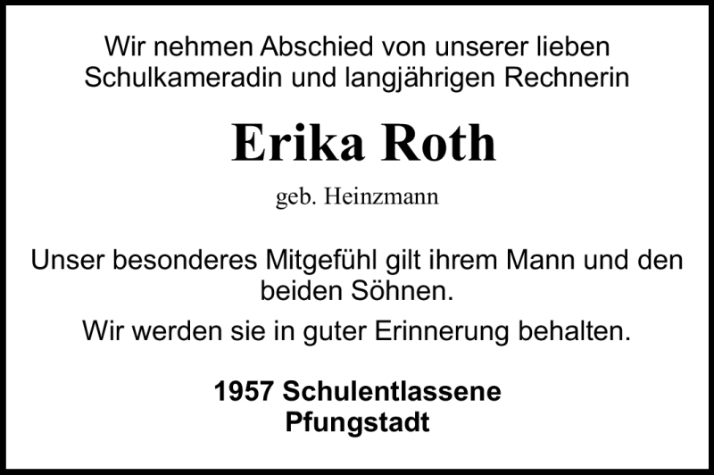  Traueranzeige für Erika Roth vom 20.10.2011 aus Echo-Zeitungen (Gesamtausgabe)