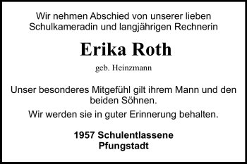 Traueranzeige von Erika Roth von Echo-Zeitungen (Gesamtausgabe)