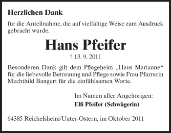 Traueranzeige von Hans Pfeifer von Odenwälder Echo