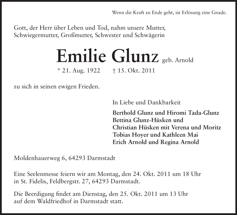  Traueranzeige für Emilie Glunz vom 22.10.2011 aus Echo-Zeitungen (Gesamtausgabe)