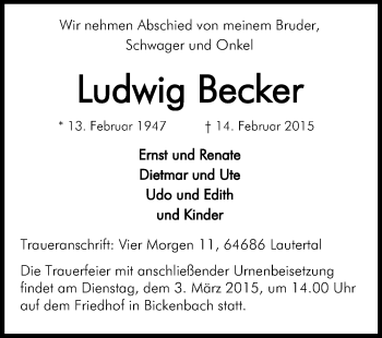 Traueranzeige von Ludwig Becker von Echo-Zeitungen (Gesamtausgabe)