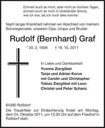 Traueranzeige von Rudolf Bernhard Graf von Echo-Zeitungen (Gesamtausgabe)