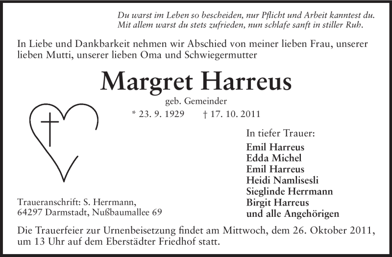  Traueranzeige für Margret Harreus vom 22.10.2011 aus Echo-Zeitungen (Gesamtausgabe)