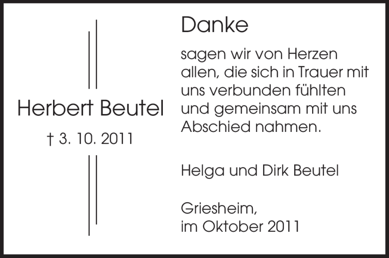  Traueranzeige für Herbert Beutel vom 22.10.2011 aus Echo-Zeitungen (Gesamtausgabe)