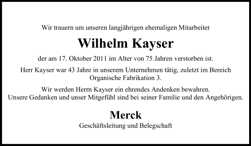  Traueranzeige für Wilhelm Kayser vom 21.10.2011 aus Echo-Zeitungen (Gesamtausgabe)