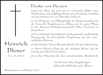 Traueranzeige von Heinrich Bloser von Echo-Zeitungen (Gesamtausgabe)