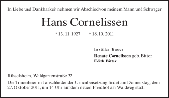 Traueranzeige von Hans Cornelissen von Rüsselsheimer Echo, Groß-Gerauer-Echo, Ried Echo