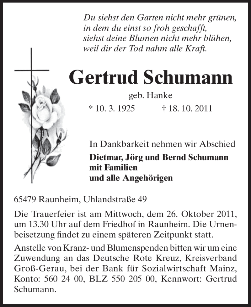  Traueranzeige für Gertrud Schumann vom 22.10.2011 aus Rüsselsheimer Echo, Groß-Gerauer-Echo, Ried Echo