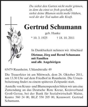 Traueranzeige von Gertrud Schumann von Rüsselsheimer Echo, Groß-Gerauer-Echo, Ried Echo