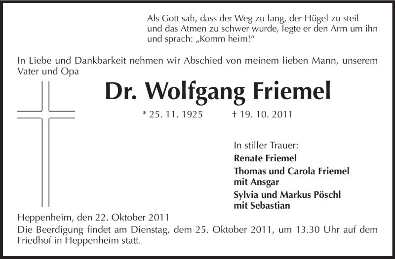  Traueranzeige für Wolfgang Friemel vom 22.10.2011 aus Starkenburger Echo